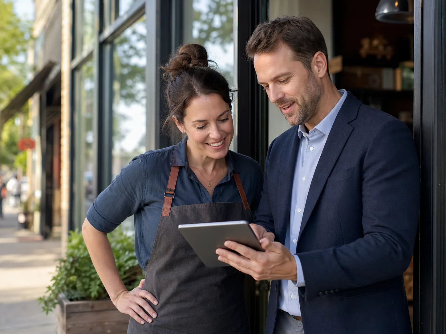 Local business owner reviewing growth plans with a marketing partner outside a storefront