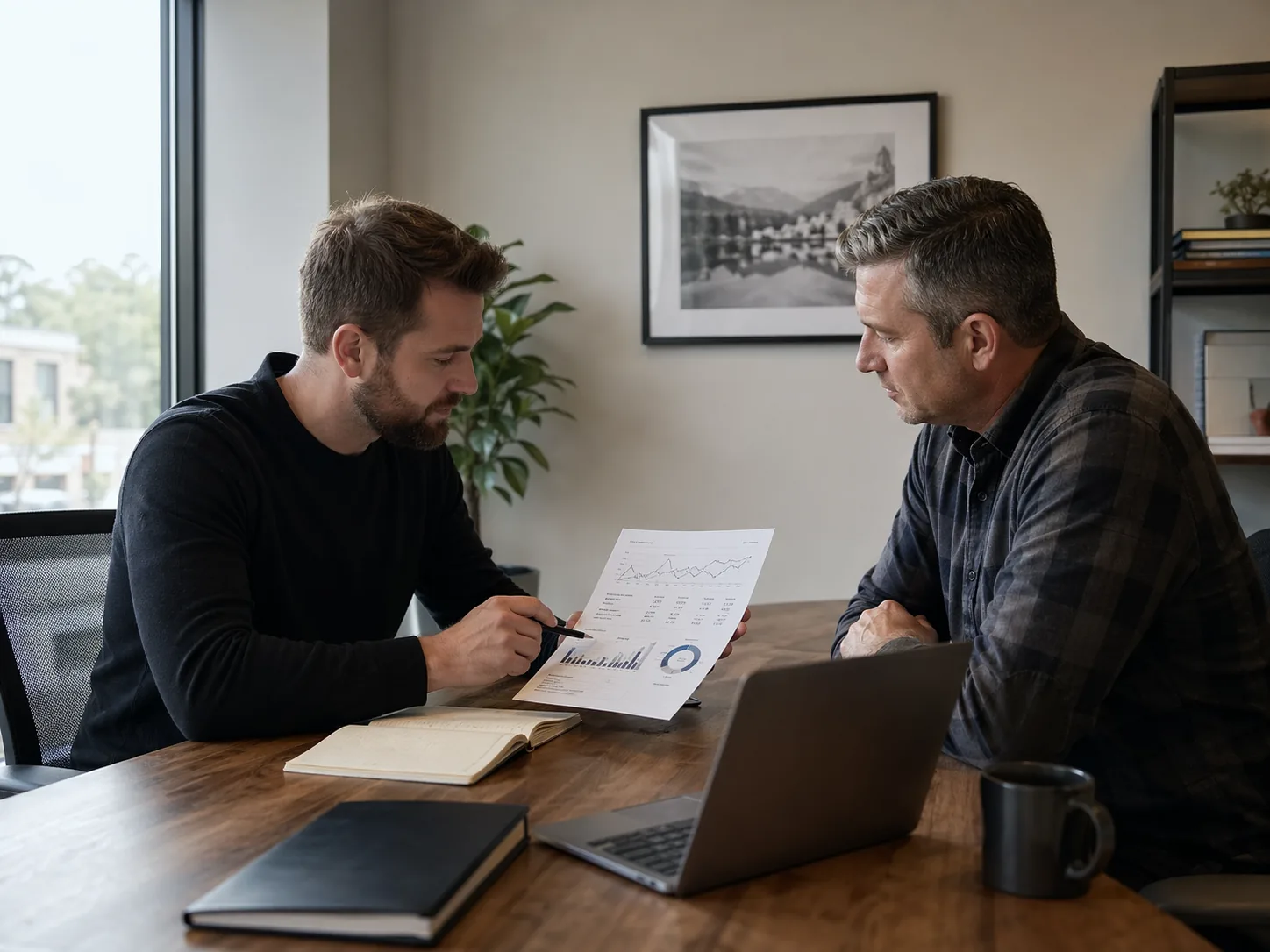 Consultant and local business owner reviewing a clear performance report together