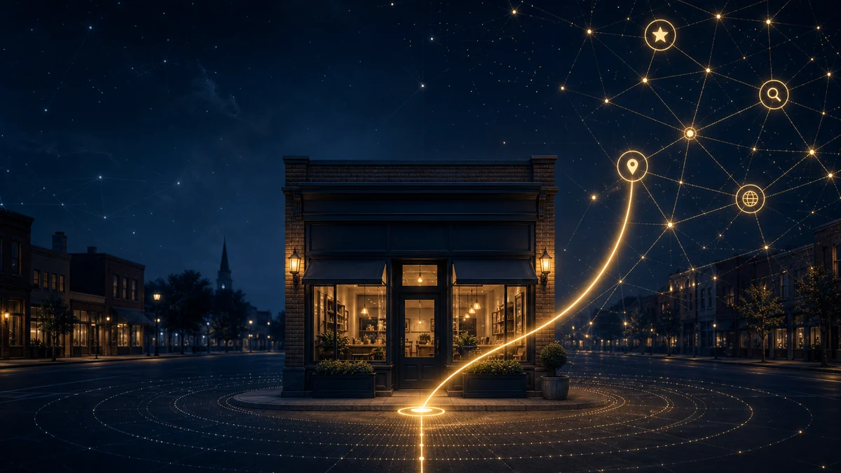 A local storefront connecting to an AI recommendation network, illustrating AI search visibility