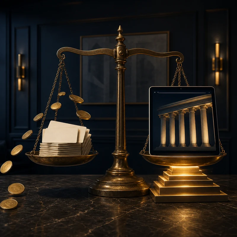 A brass scale comparing paid legal directory listings with an owned law firm website