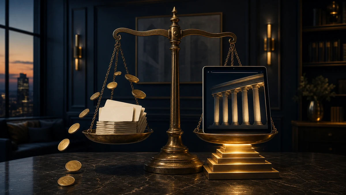 A brass scale comparing paid legal directory listings with an owned law firm website