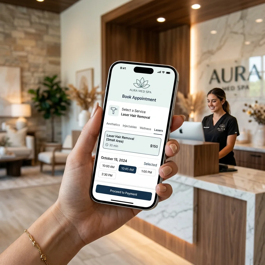 Conceptual 3D rendering representing online calendar appointment booking on a mobile phone