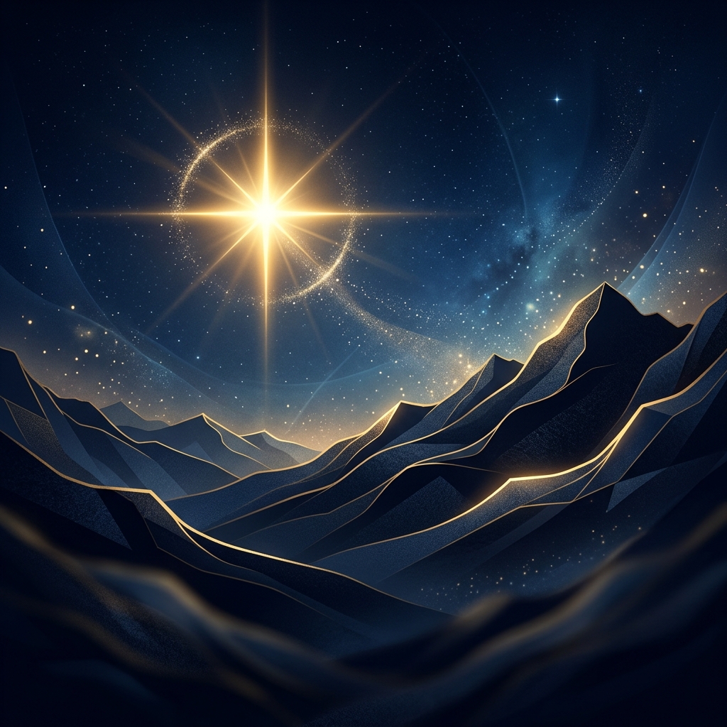 Cinematic luminous star guiding light over mountains