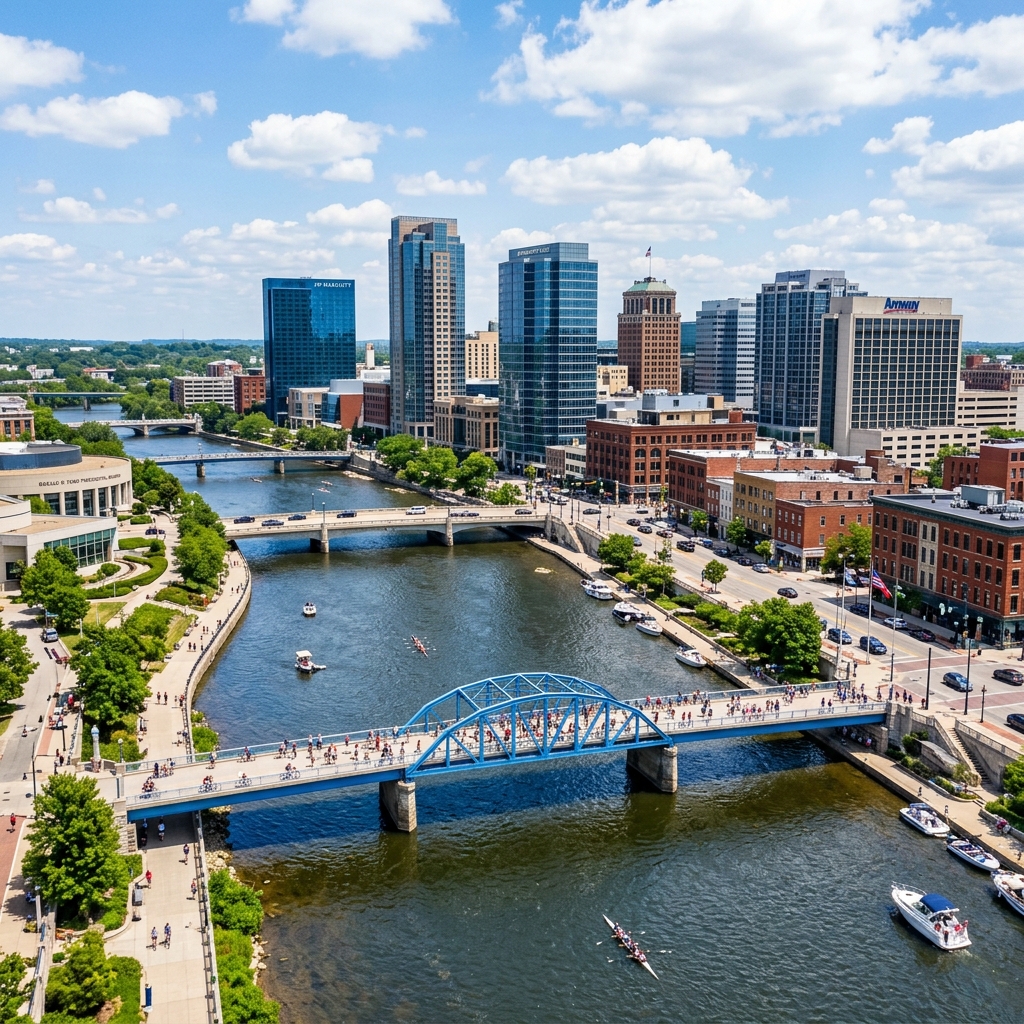 Realistic photograph of the Grand Rapids, Michigan skyline and Grand River featuring the iconic blue bridge