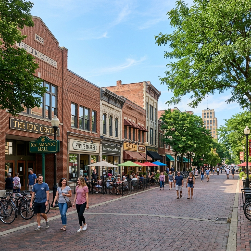 Realistic photograph of downtown Kalamazoo, Michigan showcasing local architecture and community atmosphere