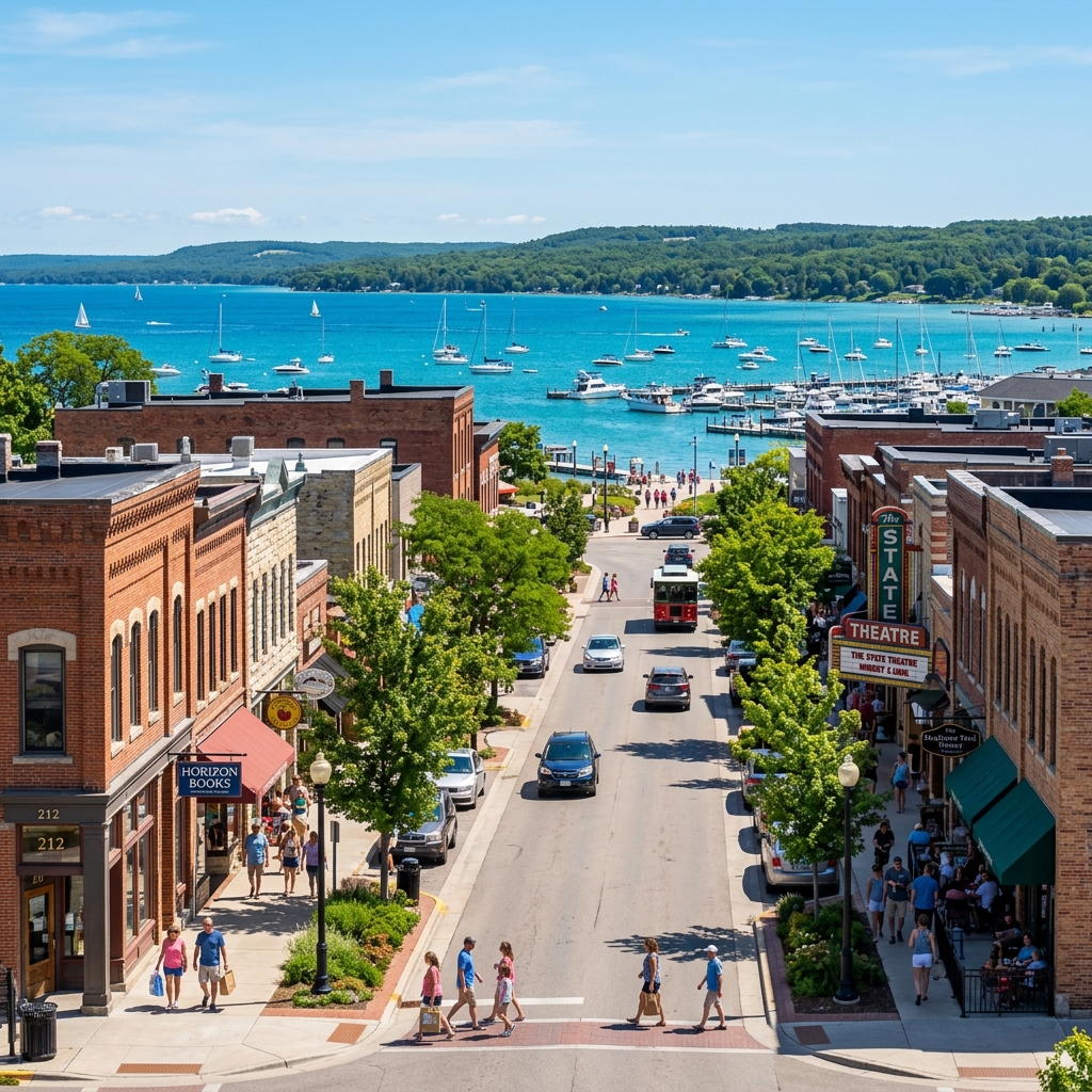 Realistic photograph of Traverse City, Michigan featuring the vibrant downtown street view and Grand Traverse Bay waterfront