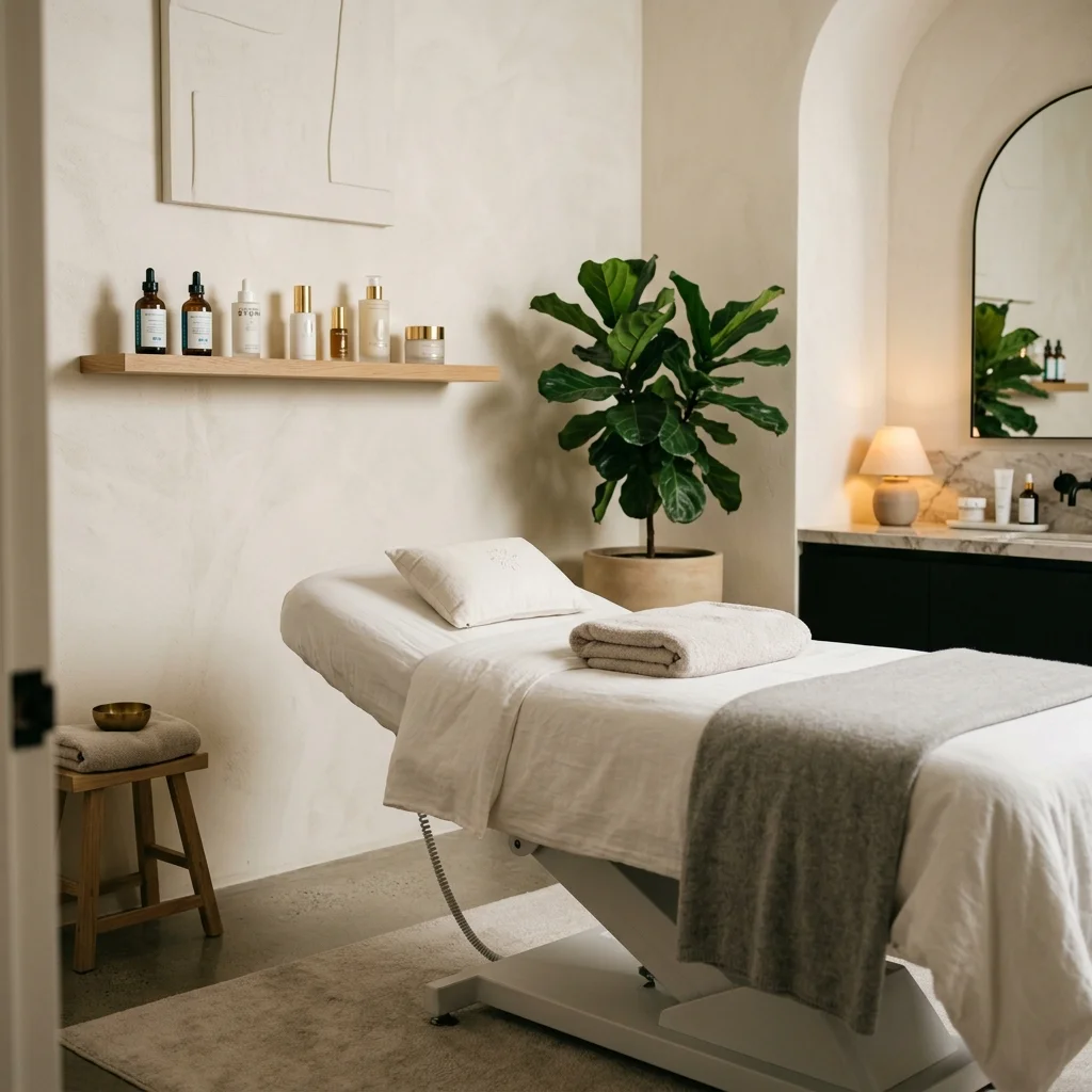 Modern minimalist medical spa treatment room with soft warm lighting, a wellness bed, and aesthetic skincare display
