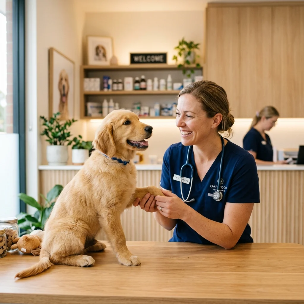 Professional veterinarian smiling and examining a cute golden retriever in a modern, brightly lit veterinary clinic